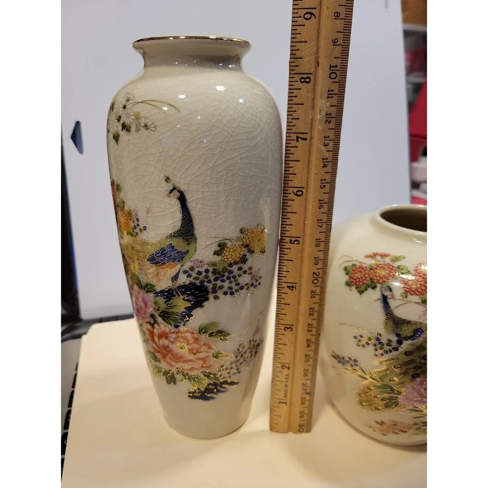 Vintage Crackle Vase Set -2 with Peacock & Floral Design